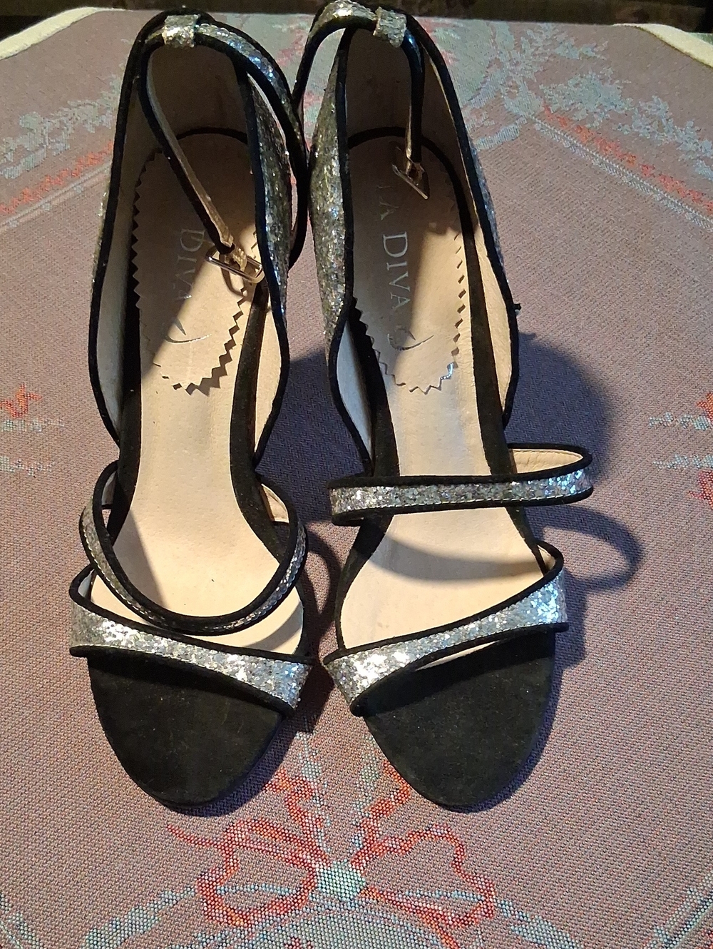 Diva Black with Silver Glitter Strappy Heels